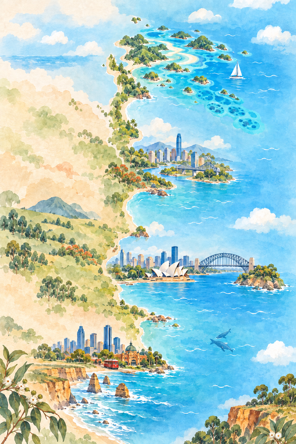 澳大利亚东海岸与圣灵群岛水彩漫画地图
